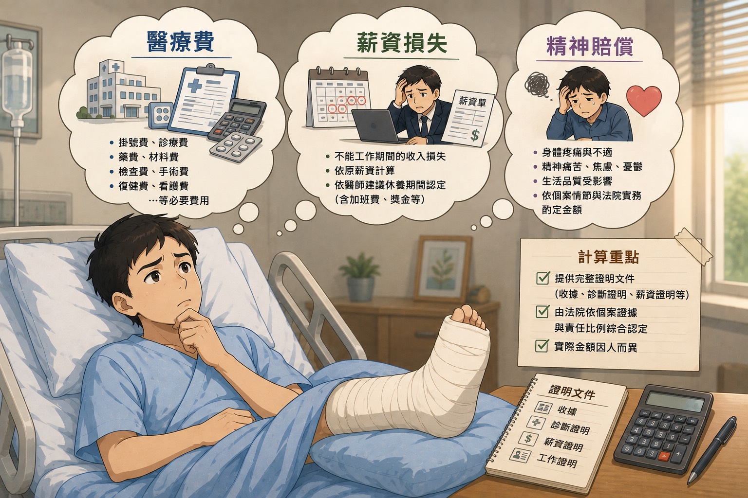 醫療費、薪資損失與精神賠償怎麼算？